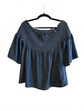 Haute Fox Navy Blue Chambray Smocked Off-Shoulder Neckline Top-Women's Size 1X